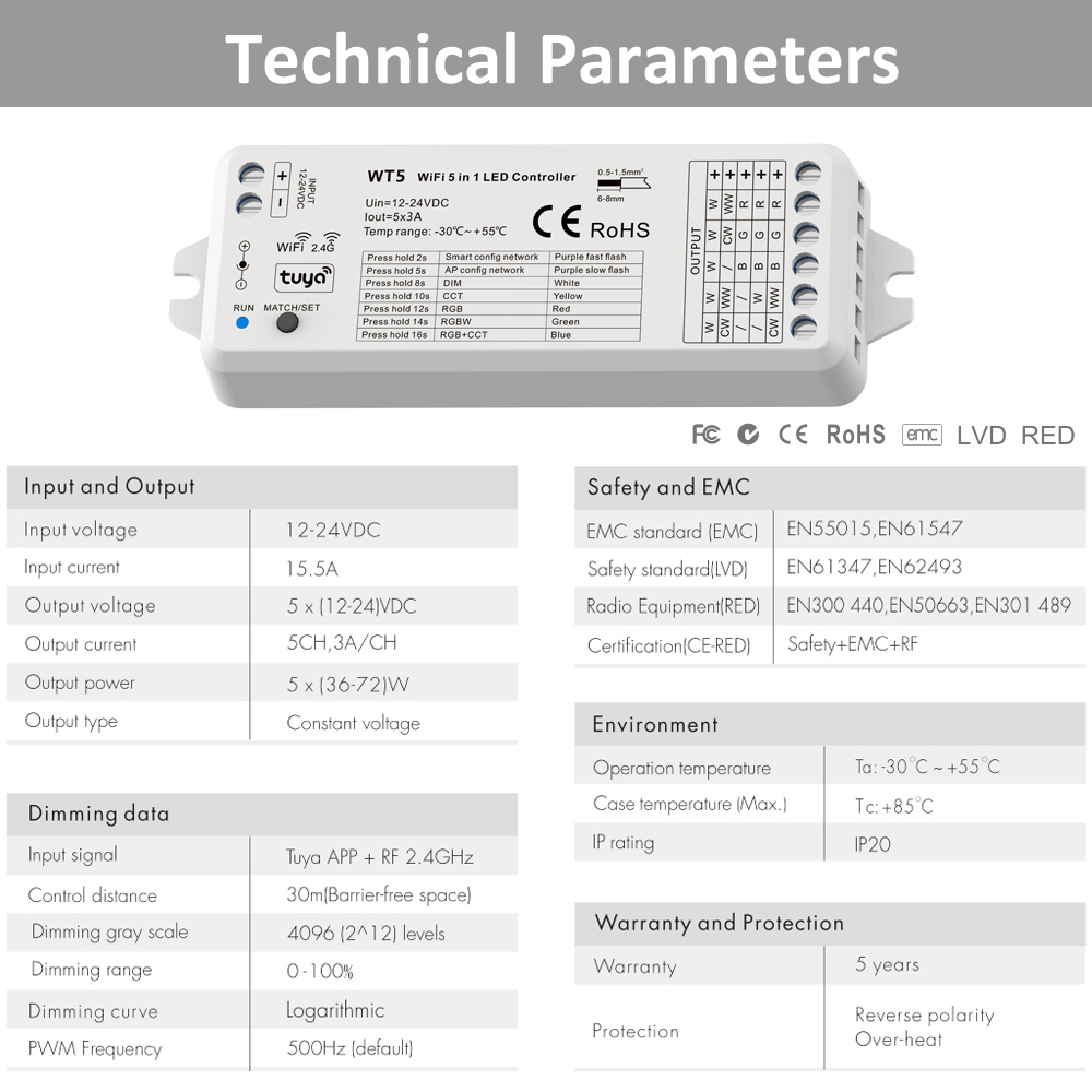 5 in 1 LED Strip Controller 12 - Wifi Led Dimmer recensie en prijs